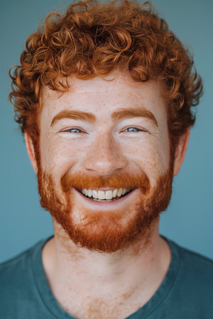 Portrait of attractive red haired man on gentle backdrop with ample room for text placementの素材