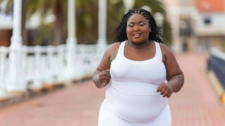 Curvy woman engaging in a fitness routine by jogging at the stadium for health and wellnessの素材