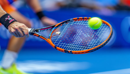 Intense focus  athlete s hands firmly holding racket for forehand shot in olympic sport sceneの素材