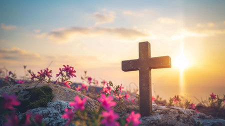 Resurrection symbol  empty tomb with cross on meadow at sunrise, representing good friday conceptの素材