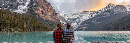 Two friends enjoying the stunning view of majestic mountains while sitting by an alpine lakeの素材