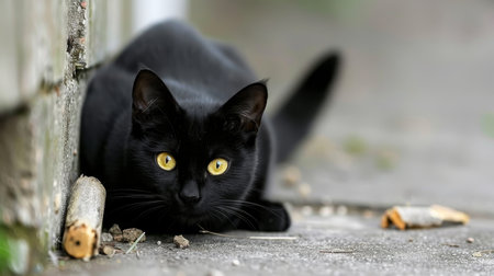 Black cat with yellow eyes in modern tunnel, with ample space for text placementの素材