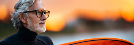 Senior man with surfboard on beach at sunset, lifestyle and sport concept with text spaceの素材