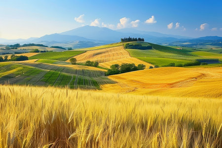 Golden wheat field under clear summer sky, a picturesque symbol of abundance in agricultureの素材