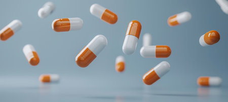 Flying pharmacy  antidepressants and vitamins concept with levitating pills and capsulesの素材