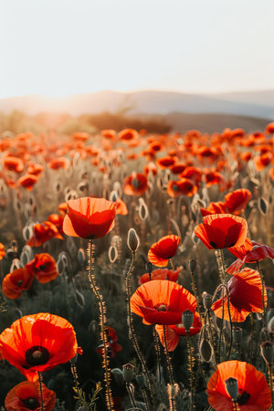Tranquil sunset scene with vibrant red poppy flowers in a serene natural field settingの素材