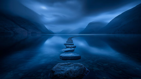 Tranquil lake scene with stones leading to distant mountain for serene natural beautyの素材