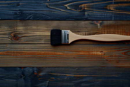 Construction worker s hands painting wooden wall with brush at construction siteの素材