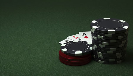 Poker table scene  two aces and chip stack strategically arranged on green baizeの素材