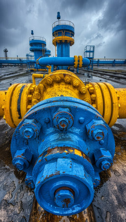 Detailed view of pipeline and support structure in industrial facility for petrochemical productionの素材
