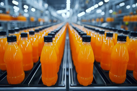 Streamlined bottled juice manufacturing process in a contemporary production plantの素材