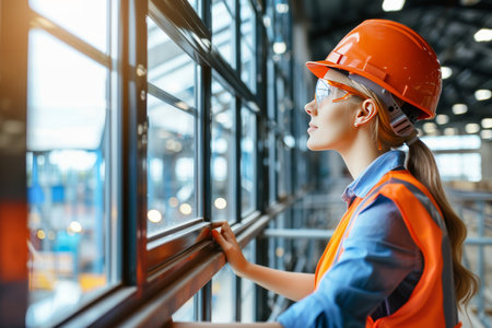Fashionable female architect in hardhat on construction site, editorial magazine lookの素材