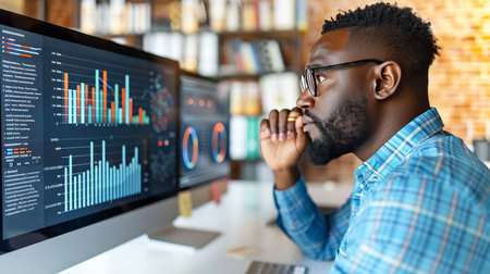 Focused male consultant deeply immersed in data analysis with intense concentrationの素材