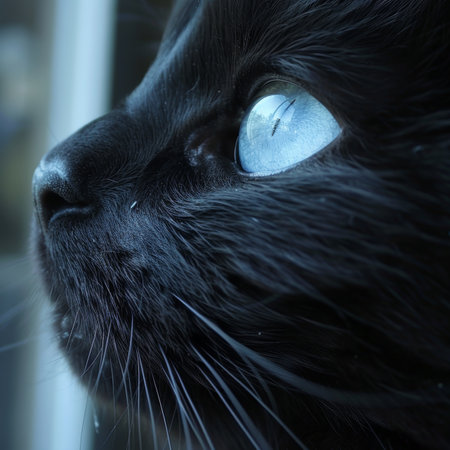 Black cat with blue eyes portrait on dark background captured with sony a1 at 85mm f8の素材