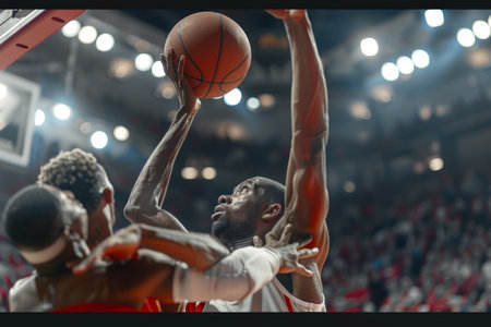 Determined basketball player grabbing rebound at summer olympics, showcasing sportsmanshipの素材