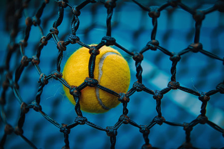 Tennis ball impacting net in close up, emphasizing precision  summer olympics sports conceptの素材