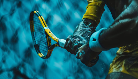 Intense focus  tennis player s hands grasping racket for forehand shot in summer olympicsの素材