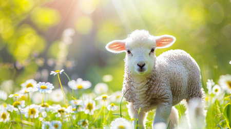 Young lamb in daisy field on summer day, serene farm animal scene with text spaceの素材