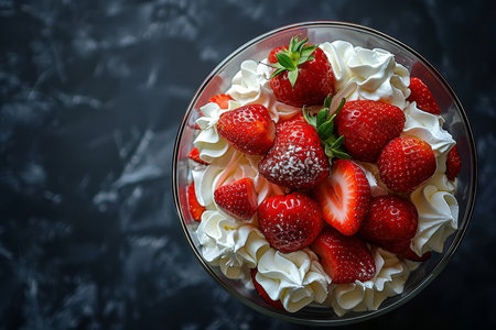 Elegantly simple dessert with strawberries and whipped cream for a delightful touchの素材