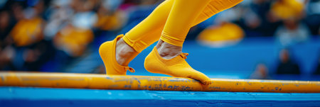 Gymnast showcasing precise balance on beam at summer olympic games, demonstrating skill and agilityの素材