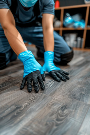 Man s hands meticulously installing laminate flooring for home improvement projectの素材