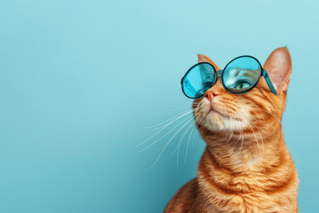 Funny cat in superhero outfit flying on pastel background with ample room for text placementの素材