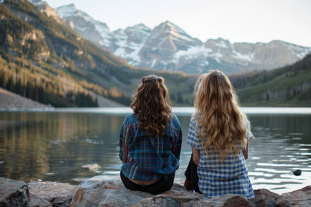Friends admiring stunning alpine lake view with grand mountains in the backgroundの素材