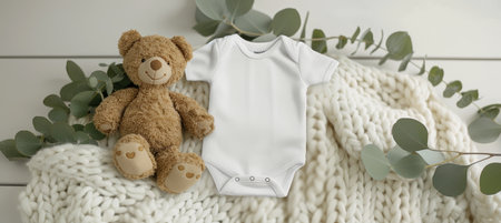 Infant onesie mockup with teddy bear toy and eucalyptus branch on white blanket throw backgroundの素材
