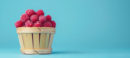 Organic ripe raspberries arranged beautifully in a charming rustic wooden basketの素材