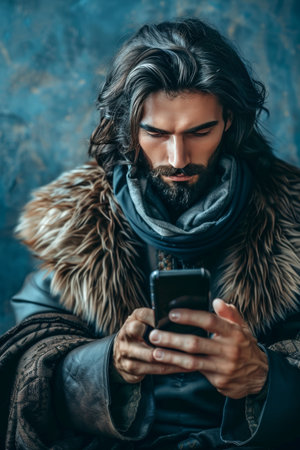 Primitive man embracing technology  caveman with smartphone symbolizes technological advancementの素材