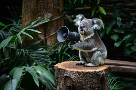 Koala bear making public announcement with handheld speaker for notification and warningの素材