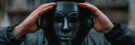 Illustration of telephone fraud concept as a masked man scams during a phone callの素材