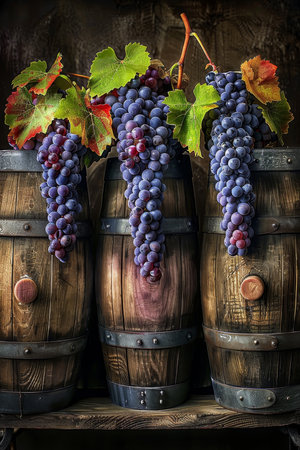Vibrant grape bunches in barrels at winery warehouse, softly illuminated for vineyard promotionの素材