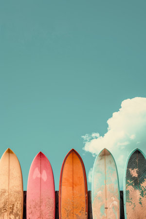 Colorful surfboards under clear blue sky, ideal for summer beach vacation and sea activitiesの素材