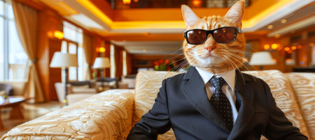 Stylish cat in sunglasses and suit with tie on blurred background with space for textの素材