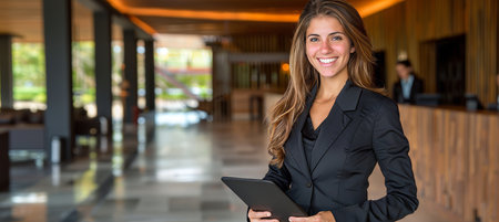 Female realtor with tablet touring apartment for sale or rent, exuding warmth and professionalismの素材