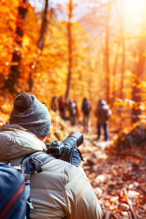 Skilled nature photographer capturing spring wildlife with sharp focus on cameraの素材