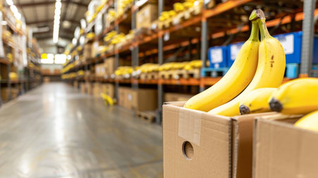 Ripe organic bananas in wooden crates at warehouse with blurred background and copy spaceの素材