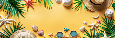 Summer beach vibes  yellow towel, sunglasses, and hat on sunny background with space for textの素材