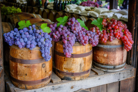 Vivid grape clusters in wooden barrels at vineyard cellar, lit by soft evening light for winery adの素材