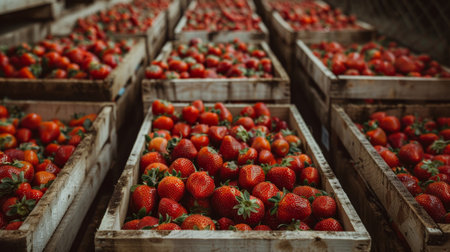 Rustic warehouse  juicy strawberries in wooden crates under soft natural light for food adsの素材