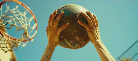 Intense basketball player reaching for rebound, symbolizing determination in summer sportsの素材
