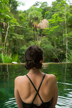 Tranquil poolside relaxation   young woman unwinding in peaceful ambiance at resort poolの素材