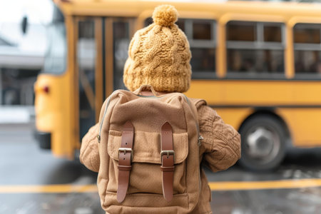 Young student carrying a backpack walking towards the school bus, viewed from behindの素材