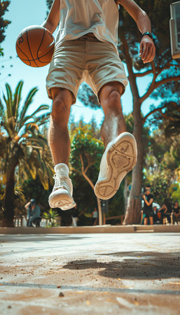 Athletic basketball player mid jump for slam dunk, summer olympics sport conceptの素材