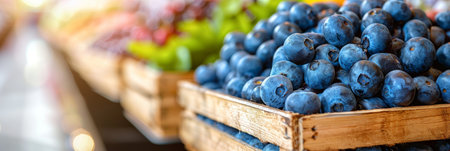 Ripe blueberries in wooden baskets at farm warehouse with green backdrop for farm to table conceptの素材