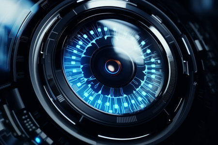 Cybernetic vision of hacker or ai robot eye in dark tech space, close up on digital backgroundの素材