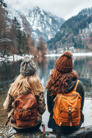 Two friends enjoying the breathtaking view of an alpine lake and towering majestic mountainsの素材