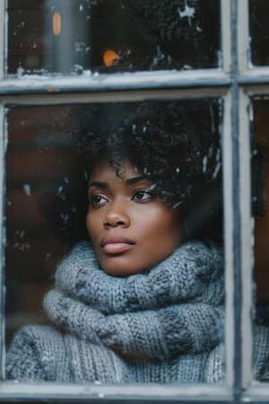 Contemplative woman with curly hair looking melancholic while gazing through a windowの素材