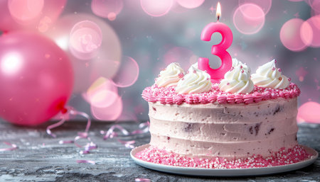 Celebratory cake with number 3 candle, balloons, and decorations for festive occasionsの素材